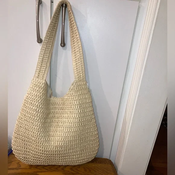 Woven Shoulder Bag with Pearl Accents- Tan NWT - Picture 4 of 6